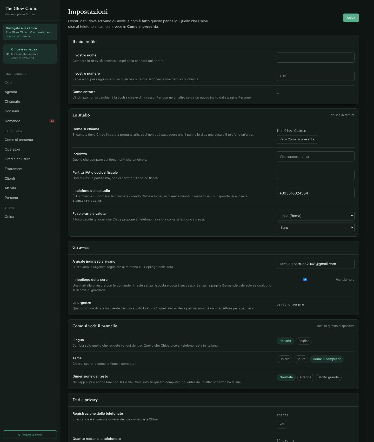 Pagina Impostazioni